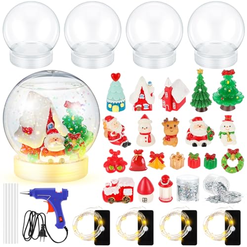 Qunclay Christmas LED Clear Plastic Snow Globes Kit Christmas Tree Santa Claus Snowman Gift Sequins with Glue Gun for Family DIY Lighted Snow Globes Crafts Making Xmas Home Decoration