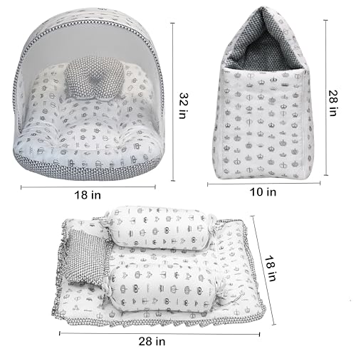 Image of Fareto Combo of Baby Bed with Net | Carry Bag | 4 Pcs Bedding Set (0-6 Months, Baby Size, Cotton) (Grey Taj)
