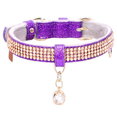 PetsHome Cat Collar, Dog Collar, [Bling Rhinestones] Premium PU Leather with Pendant Adjustable Collars for Big Cat and Small to Medium Dog Small Purple