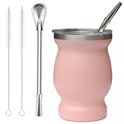 Beruth Bombilla Yerba Mate Gourd, 8oz Stainless Steel Tea Cup Set with a Multifunctional Lid, Two Straws and Cleaning Brushes, Double Walled Coffee Mug Heat Insulation Anti Scalding Peachy Pink