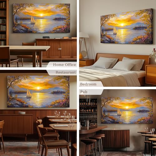 crmotu Sunset Wall Art, Sailboat Wall Art, Lake Art Wall Decor, Mountain Landscape Large Art Prints, Golden Dusk Paintings Wall Decor Living Room Bedroom Dining Room Office Decorations 30x60inch