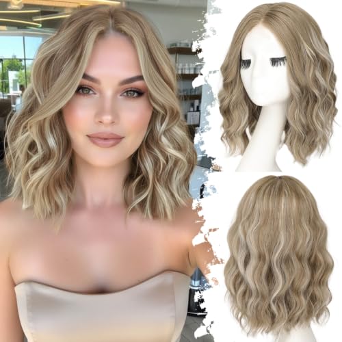 Image of Eawwii Wigs for Women,Ash Blonde Platinum Short Wavy Synthetic Lace Wig | Glueless 4x1 Lace Hairline, Heat-Resistant Fiber,Bob Wave Style,Natural Appearance for Everyday Cosplay 14 Inch