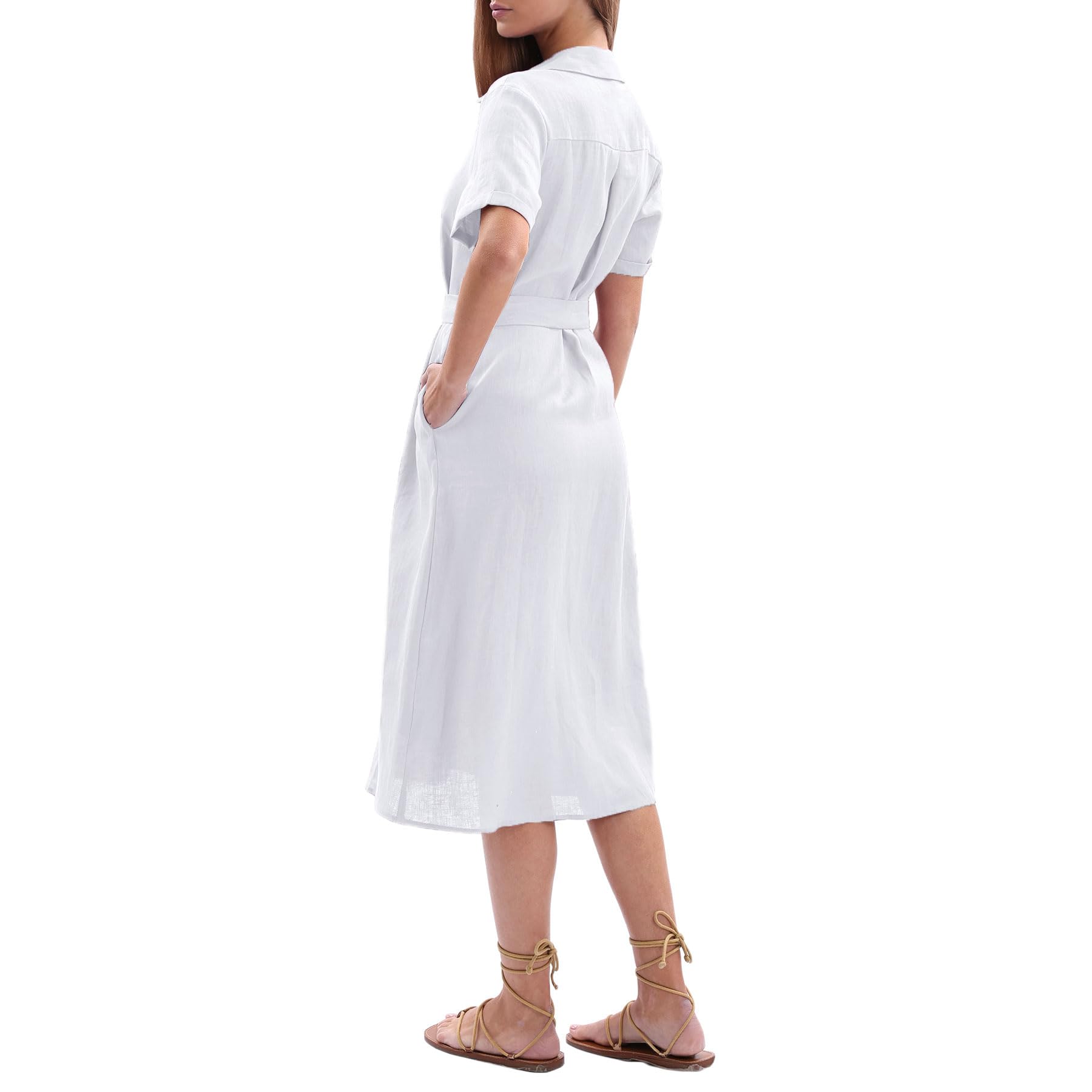 Amazhiyu Robe chemisier en lin pour femme - Robe midi - Robe en lin - Robe d'été - Longueur genou - Élégante avec poches et ceinture