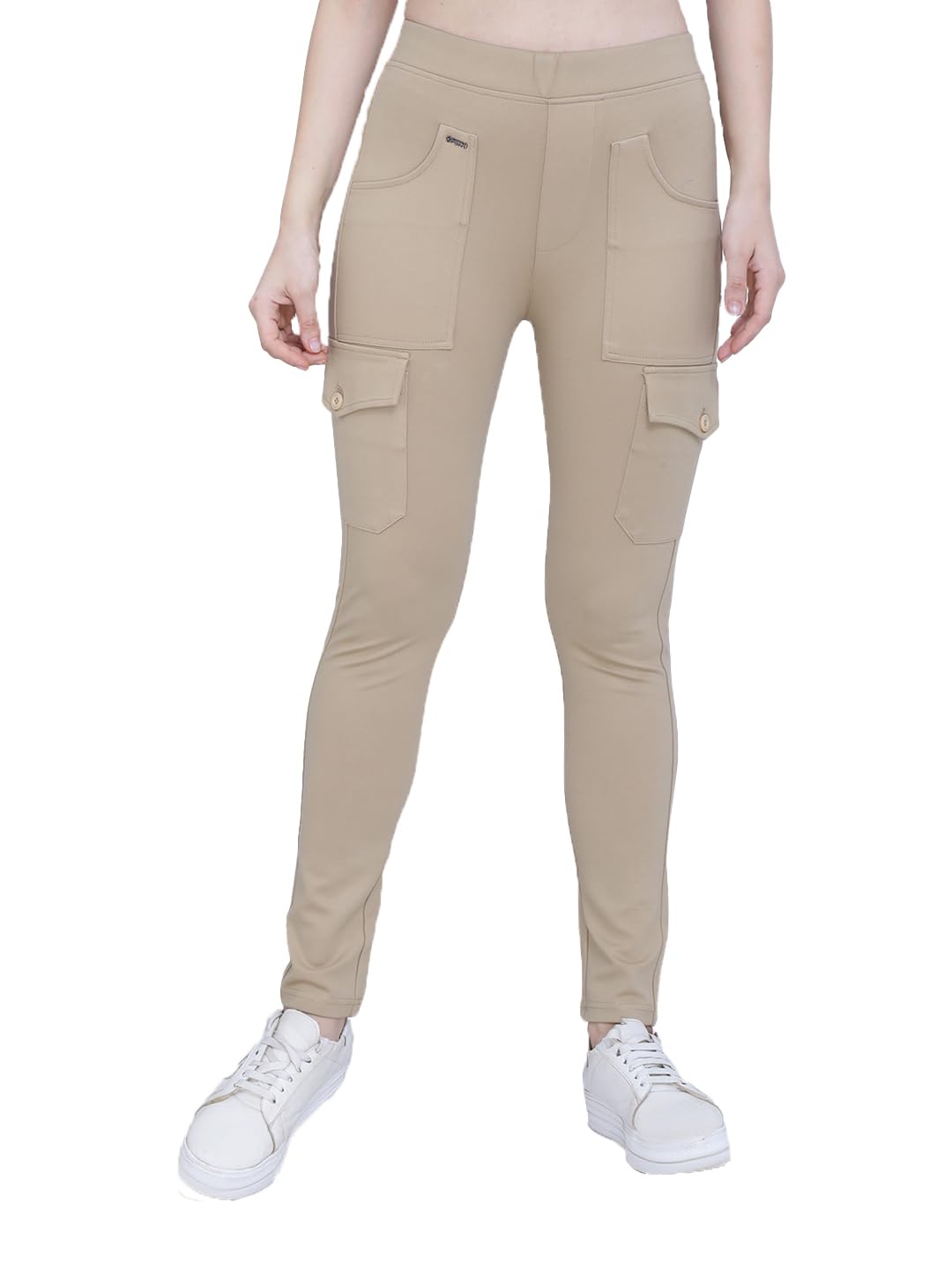 FCK-3High Rise Cargo Style Pant with 2 Patched Front Pockets and Flap Pockets on Knee Elastic Waist Band 4 Way Stretchable Cotton Fabric Boyfriend Fit Pants for Women