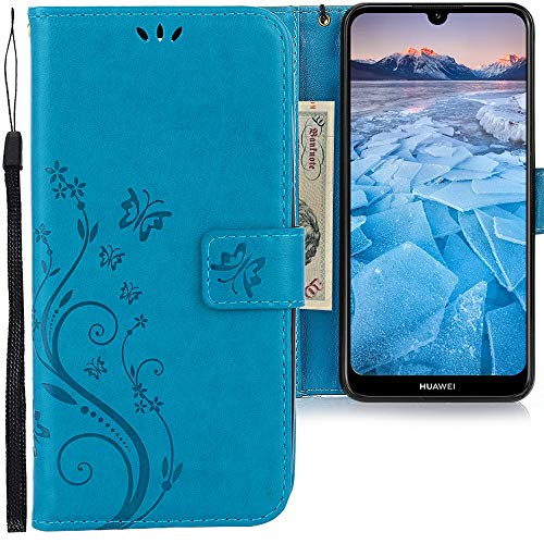 CLM-Tech Coque Compatible avec Huawei Y6 2019 - Portefeuille en Cuir synthétique avec Support et Cartes Compartiments, Papillons Bleu