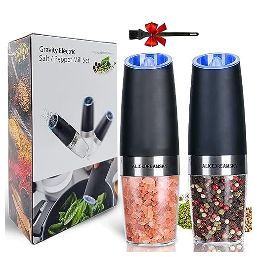 2 Pack Gravity Electric Salt and Pepper Grinder Set Automatic Battery Powered Salt Mill, Adjustable Coarseness, with Blue LED Light, One Hand Operated