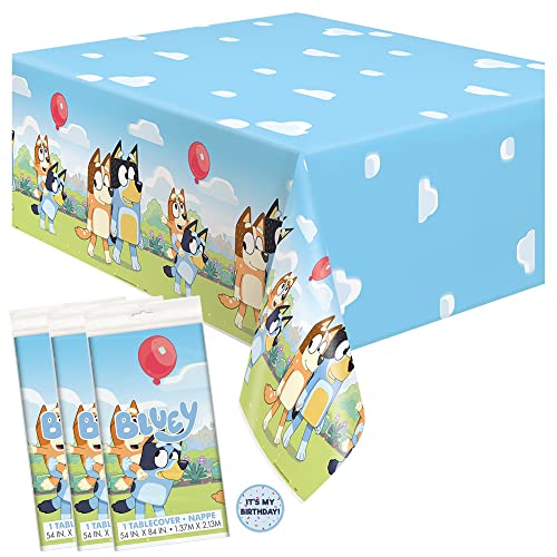 Image of Unique Bluey Birthday Party Supplies - Rectangular Plastic Table Covers (Pack of 3) and Sticker
