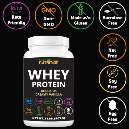 Shifaa Nutrition Delicious Creamy Vanilla Halal Whey Protein Powder 2Lbs | 26G Protein, 5500Mg Bcaas, And 460Mg Glutamine | For Recovery & Lean Muscles | Gluten-Free | Non-Gmo | Keto-Friendly #TOP2