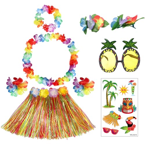 8PCS Hawaiian Hula Skirt Costume Set Hawaiian Party Accessory Hawaiian Grass Skirt Hawaiian Lei Pineapple Sunglasses for Adults Fancy Dress Supplies Party Summer Beach Tropical Parties Decoration
