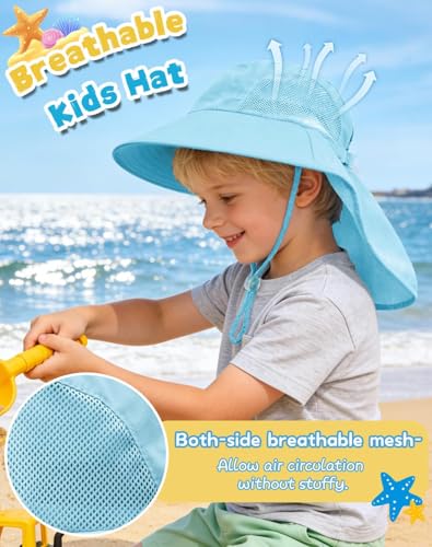Image of Rosoz Kids Sun Hat with Neck Flap UV Protection Summer Toddler Beach Hat Unisex Ponytail Hat Wide Brim Fishing Hat