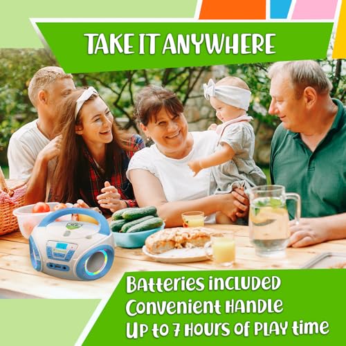 Image of TinyGeeks Tunes Kids Boombox CD Player for Kids - NEW 2023 - FM Radio - Batteries Included - Cute white Radio cd Player with Speakers for Kids and Toddlers - Blue | Colourful disco lights for dancing fun and make a great gift, blue