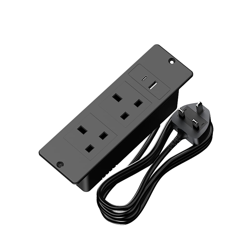 Recessed Power Strip 4-in-1 Extension Socket with 2 AC Outlets, USB-A & USB-C Ports, 13A 2990W Surge Protector Extension Cord (1.5m) - Smart Strip for Office, Bedroom, Kitchen, Furniture (Black)