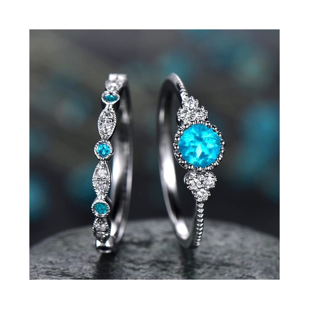 Bague Alliance En Argent Massif - Pierre Bleue Foncé Et Brillants - Taille 56 - Occasion