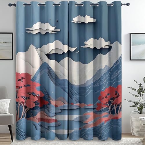 Cortinas Salon Modernas, Oriental Paisaje Geometría impresión patrón, Azul Rojo Cortinas Opacas Termicas Aislantes, 140An x 280Al cm (2 Paneles) para la decoración del Dormitorio