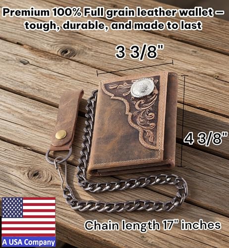 Image of F&L CLASSIC RFID Blocking Men's Tri-fold Vintage Biker Cowhide Leather Steel Chain Wallet,Snap closure, brown, western style,315-82