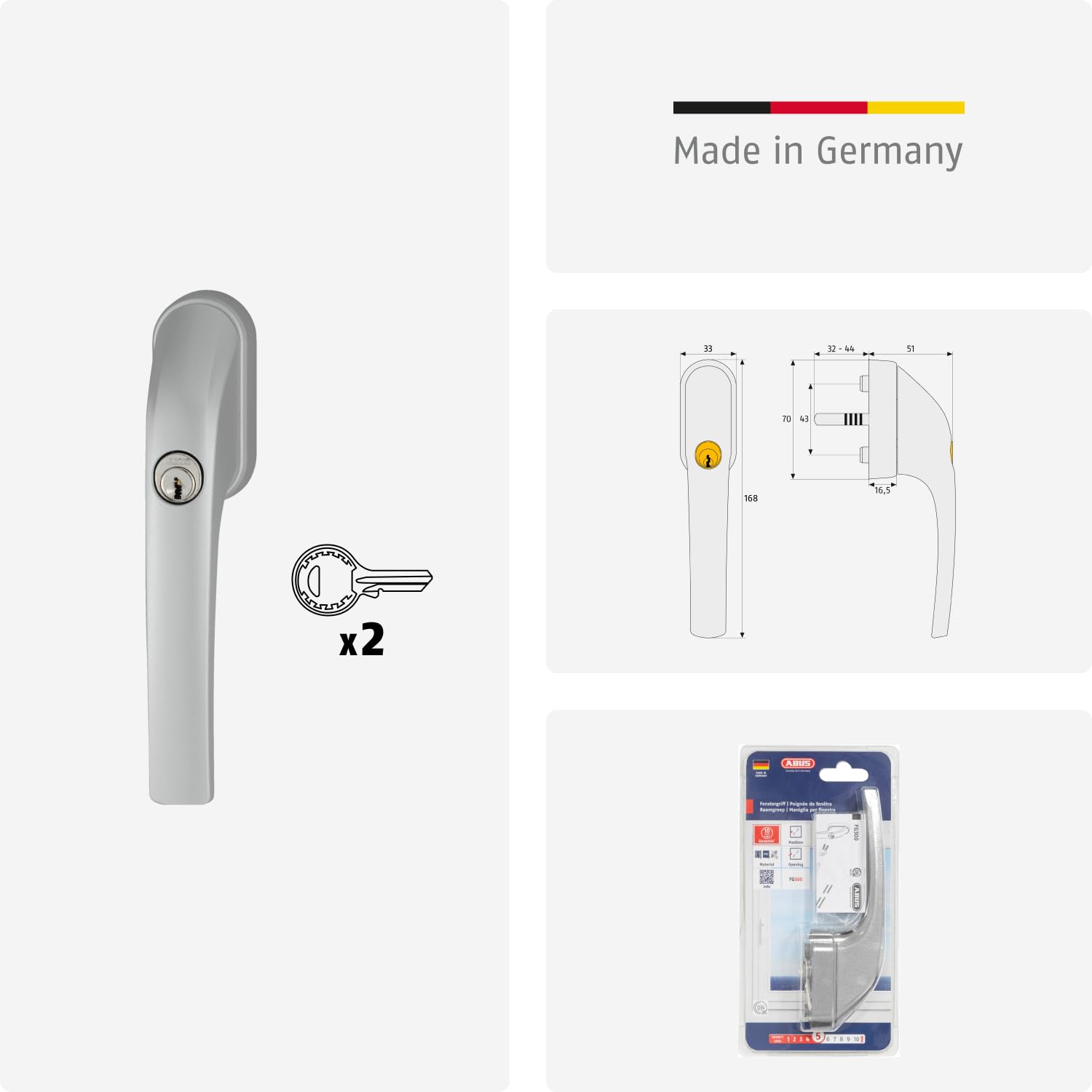 Abus Fg300 Al0089 Maniglia con Blocco Antifurto, Serratura a Spinta con Cilindro per Finestre, Chiave Maestra, Livello di Sicurezza: 5, 37384, Argento