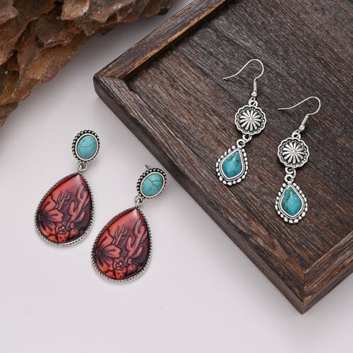 Western Earrings for Women Bohemian Silver Oval Teardrop Turquoise Earrings Dangle Western Country Cowgirl Jewelry Accessories Gift4