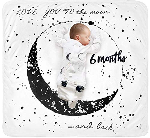 Image of Baby Monthly Milestone Blanket Moon - Neutral Personalized Month Blanket for Boy Girl Newborn Soft Plush Fleece Photography Background Bonus Felt Milestone Number Set Large