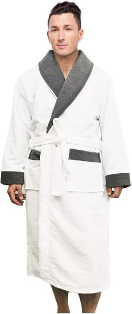 AIMS Mens Hooded Style Dressing Gown Bathrobe, Housecoat Loungewear Super Soft Luxury Microfiber Terry Cotton, Warm, Cosy Fleece Nightwear Robe, Spa Hotel Sleepwear (S/M, White)