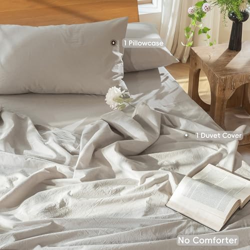 Image of MooMee Duvet Cover Set 100% Washed Cotton Linen Like Twin | Relaxed Linen-like Texture. Soft, Breathable & Long-lasting Comfort. Lightweight. Hidden Zipper with 8 Interior Corner Ties