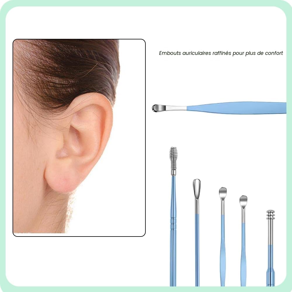 Nettoyeur D'oreille, 6 Pcs Kit Ear Wax Cleaner, Dissolvant pour Cérumen, Nettoyage D'oreille en Acier Inoxydable, Cuillère à Oreille en Acier Inoxydable, Nettoyeur D'oreilles Portable
