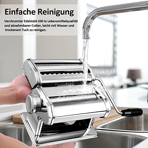 Foto von Nudelmaschine Pasta Maker, Manuelle Edelstahl Walze Maschine mit Klemme Dicke Einstellbar Nudeln Maker für Selbstgemachte Spaghetti Fettuccini Lasagne Einfache Reinigung und Verwendung