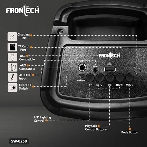 Image of FRONTECH Multimedia Party Speaker, 20W Output, Dual 4 inch Drivers, RGB Light Tower Design, Bluetooth 5.0, 2400mAh Battery, TWS, FM, USB, AUX, MIC, Portable Speaker, 1 Year Warranty (SW-0250)