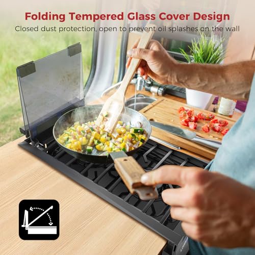 Image of CAMPLUX Classic RV Cooktop 2 Burners Slide-in, Propane Cooktop Stove with Tempered Glass Cover, 12 Inches Propane Rangetop with Blue Indicator Light, 13,000BTU, Black RGH12IB