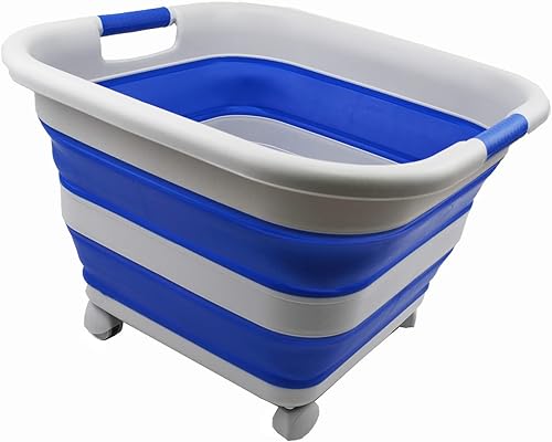 Miniatura 4 de SAMMART Cesta de plástico plegable de 39 L (10.3 galones) con ruedas, contenedor de almacenamiento plegable (1, grisazul púrpura)