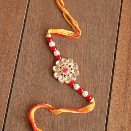 Image of VELVET FINE CHOCOLATES Rakhi Gift Box with Handmade Chocolates (Cranberry and Orange Crisp) Kundan Rakhi with Card & Kumkum Chawal Set | Raksha Bandhan Gift for Brother, Sister & Family