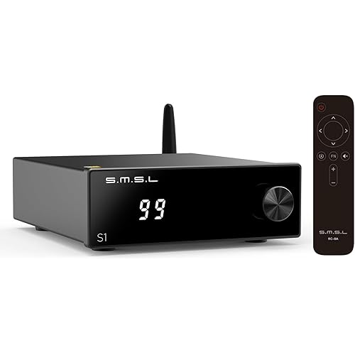 SMSL S1 Stereo Amplifier 100W×2 Mini Class D Power Amp, 2 Channel Home Audio Amplifier Bluetooth 5.0 Bass Treble EQ Control for Bookshelf/Desktop/Outdoor/Garage/Passive Speaker with Remote Control