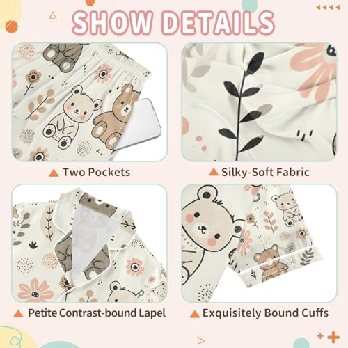 senya Lovely Bear Flowers Satin Summer Pajama Sets Silk Short Sleeve Button Down Sleepwear3