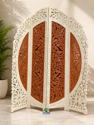 Image of Wooden Room Divider Partition for Living Room | Foldable 4 Panel Decorative Privacy Screen Separator for Home, Office & Bedroom | Modern (Cream & Brown)