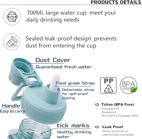 Image of Kawaii Water Bottle with Straw and Lid, 700ml /23.6OZ Cute Water Bottles BPA-free & Leak Proof Square School Drinking Bottle, Cute Plastic Color School Water Bottle for Girls (Pista)