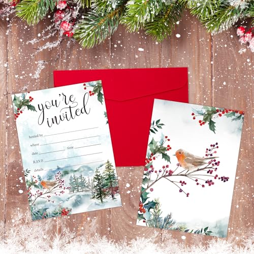 image for Whaline 25 Pack Christmas Party Invitation Cards Winter Woodland Robin