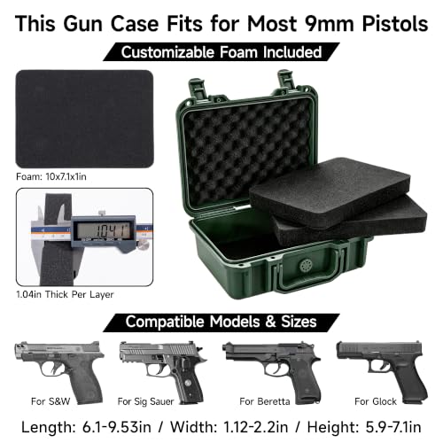 Image of TSA Approved Gun Pistol Case Waterproof Handgun Case with Pre-Cut EVA Foam Shockproof Travel Carrying Hard Shell Case Included Silica Gel Canister, Black