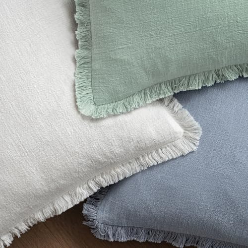 Image of MIULEE Decorative Throw Pillow Covers Neutral Linen Fringe Throw Pillows Euro Shams Set of 2 Light Blue Boho Farmhouse Cushion Covers for Couch Sofa Bed Living Room Spring Home Decor 26x26 Inch