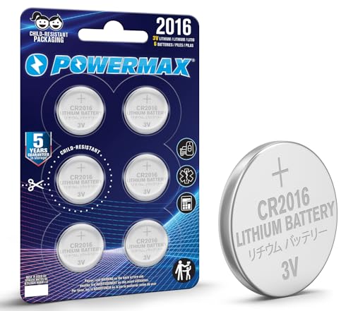 Powermax 6-Count CR2016 Batteries, Lithium 3V Coin Cell Button Battery Pack for Watch and Small Electronics, 5 Year Shelf Life