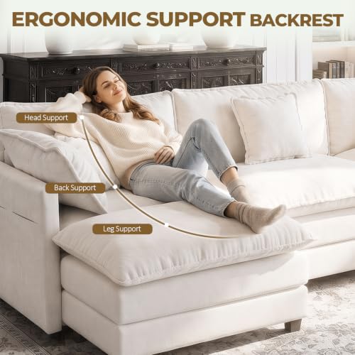 Image of 112 inch L-Shape Modular Sofa with 1 Ottomans, Deep Seat Cloud Convertible Sleeper, 3 Throw 2 Arm Pillows, Comfortable Upholstered Furniture for Living Room Apartment, Beige