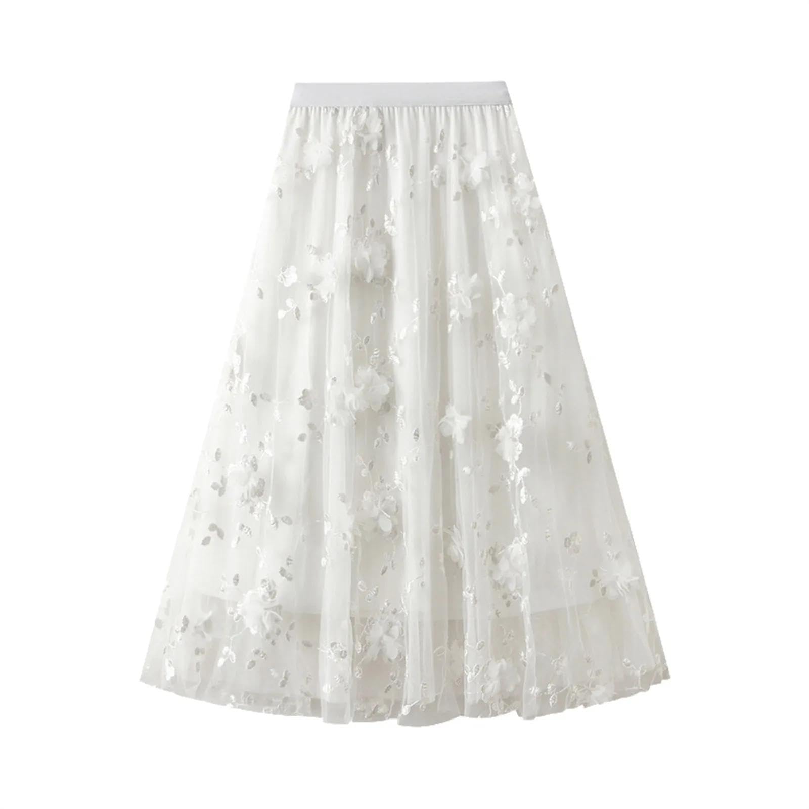 Faldas De Tubo Mujer Falda De Malla Bordada Floral para Mujer Jacquard De Flores Casual De Cintura Alta Falda Larga Faldas De Tul Swing Streetwear
