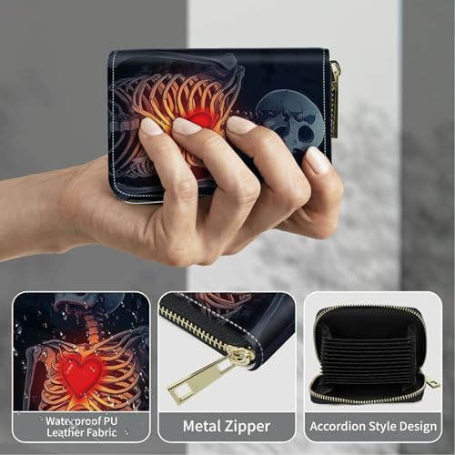Image of Cute Credit Card Holder with Zipper, Skull Heart RFID-Blocking Card Case Small Wallet for Women Men, Multi-slot Card Organizer Case Travel Accordion Wallet