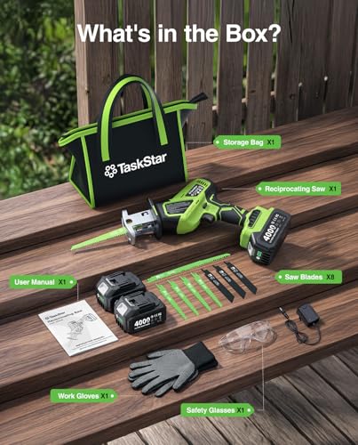 TaskStar Cordless Reciprocating Saw 21V: One-Handed Reciprocating Saw with 0-3500 RPM Brushless Motor, 2 x 4.0Ah Batteries, 8 Quick-Change Blades, LED Light, Perfect for Wood PVC Metal Cutting