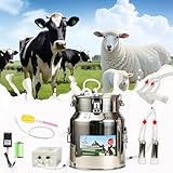 Zlshmoee 14L 2-in-1 Electric Milking Machine for Goats and Cows, Portable Rechargeable Milker with Battery Powered Pulsation Vacuum Pump & 4 Teat Cups, Stainless Steel Bucket