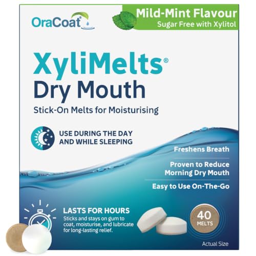 XyliMelts Dry Mouth Relief Discs Mild Mint (40 Count) Xylitol Oral Adhering Tablets for Nighttime or Day Use Long-Lasting Dry Mouth Relief & Saliva Support