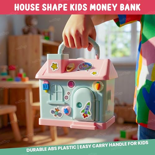 Image of Zest 4 Toyz Kids Piggy Bank with Key and Stickers Mini House Design Lockable Money Bank Portable Money Saving Box for Children Cute Design - Multi Color