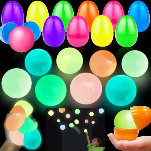 Easter Egg Fillers, 12 Pack 3" Large Filled Easter Eggs Glow in The Dark Sticky Ceiling Balls Stress Relief Fidget Toys for Kids Boys Girls Teens Easter Basket Stuffers Hunt Party Favor Gifts