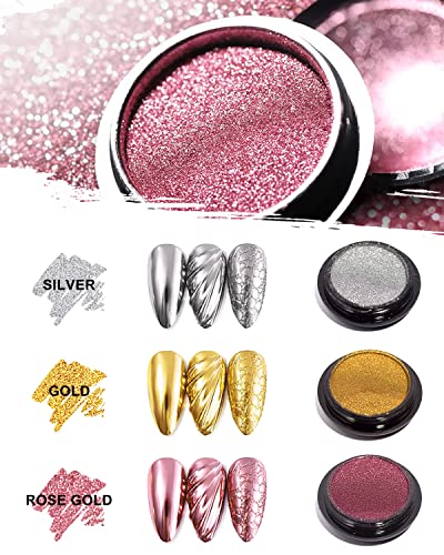 3 Colors Chrome Nail Powder Set Reflective Glitter Metallic Mirror Effect For Nails Art Design 3D Holographic Silver Rose Gold Pigment Flash Light Crome Paillette Dust With 3 Tools #TOP4