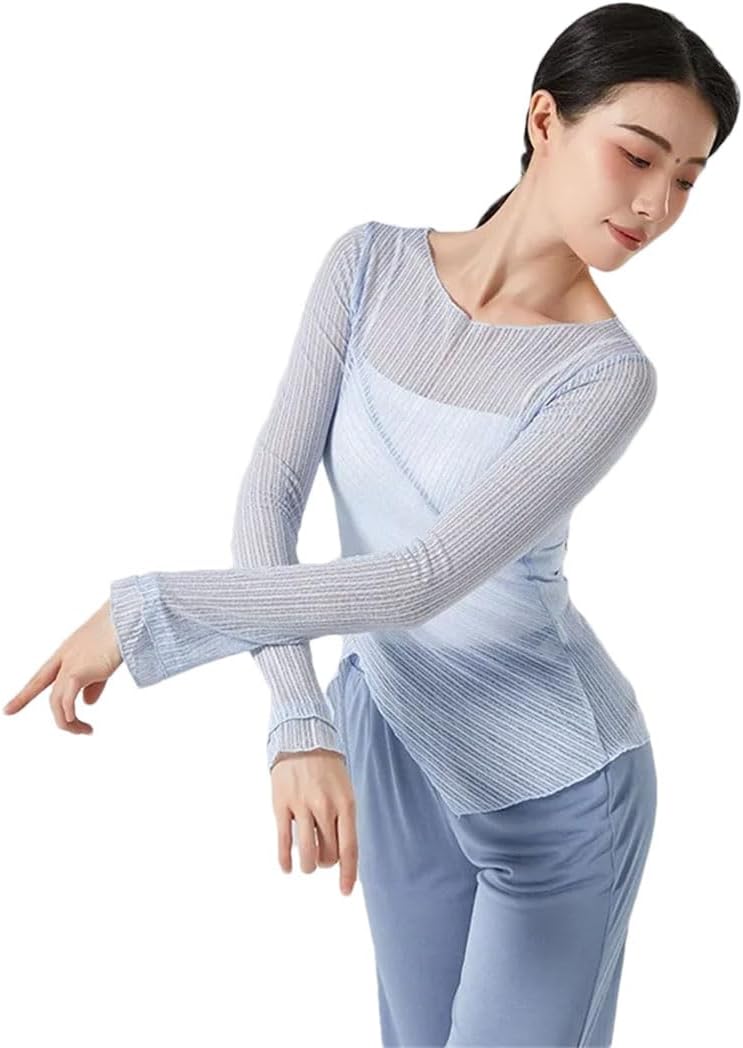 Women Classical Modern Dance Shirt Long Sleeve Round Neck Clothes Training Wear Sexy Transparent Gauze Top