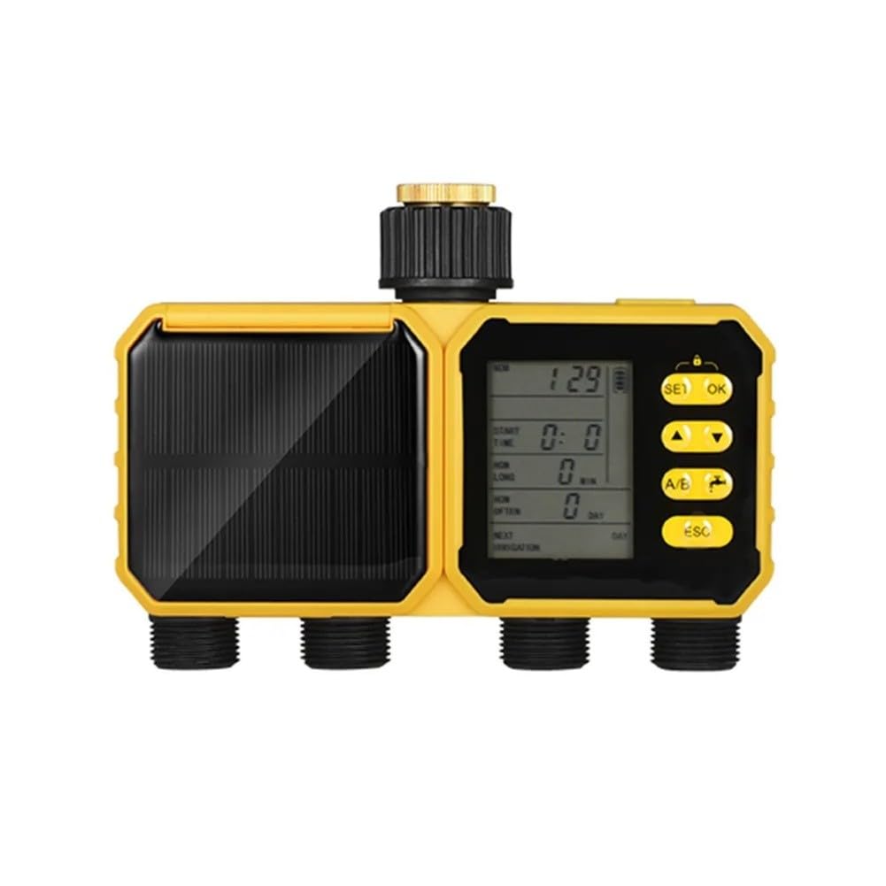 Timer di Irrigazione Solare a 4 Zone con Sensore di Pioggia, Controller Automatico LCD per Irrigazione IPX5 Impermeabile per Giardino e Prato