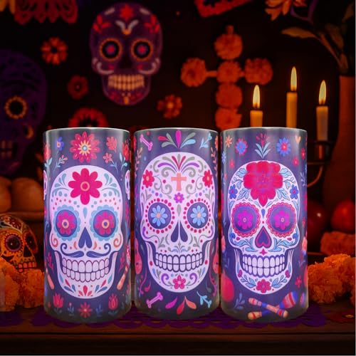 Image of Dia De Los Muertos Flameless Candles with Timer Remote 3 Pack | Halloween Flameless LED Candle Battery Operated Sugar Skull Day of The Dead Decoration